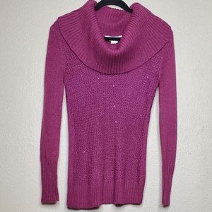 Candie's Magenta Purple Sequin Cowl Neck Knit Sweater (Size: L)